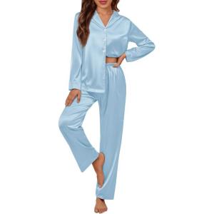 imageLILLUSORY Satin Silk Pajama Set for Women Fall 2 Piece Button Up Side Slit Matching Pjs Cute Long Sleeve Lounge Shirts PantsLight Blue