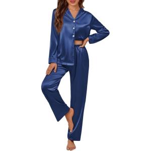 imageLILLUSORY Satin Silk Pajama Set for Women Fall 2 Piece Button Up Side Slit Matching Pjs Cute Long Sleeve Lounge Shirts PantsNavy