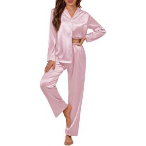 imageLILLUSORY Satin Silk Pajama Set for Women Fall 2 Piece Button Up Side Slit Matching Pjs Cute Long Sleeve Lounge Shirts PantsPink