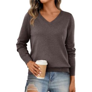 imageLILLUSORY V Neck Lightweight Sweaters for Women 2025 Fall Outfits Long Sleeve Knit Pullover Tops Trendy FashionNutmeg