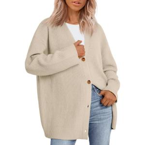 imageLILLUSORY Women Oversized Cardigan Sweater 2025 Fall Outfits Cloth Fashion V Neck Knit Button Front Casual Trendy TopsApricot