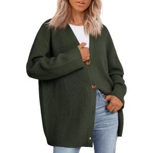 imageLILLUSORY Women Oversized Cardigan Sweater 2025 Fall Outfits Cloth Fashion V Neck Knit Button Front Casual Trendy TopsArmy Green