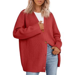 imageLILLUSORY Women Oversized Cardigan Sweater 2025 Fall Outfits Cloth Fashion V Neck Knit Button Front Casual Trendy TopsRed