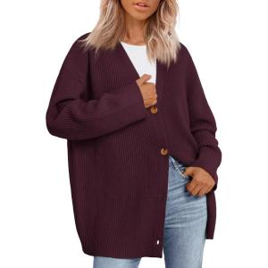 imageLILLUSORY Women Oversized Cardigan Sweater 2025 Fall Outfits Cloth Fashion V Neck Knit Button Front Casual Trendy TopsWine Red