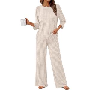 imageLILLUSORY Womens 2 Piece Lounge Sets Pajamas Matching Outfits 2025 34 Sleeve Fall Clothes Vacation Comfy Casual SweatsuitsApricot