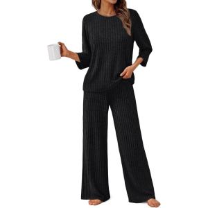imageLILLUSORY Womens 2 Piece Lounge Sets Pajamas Matching Outfits 2025 34 Sleeve Fall Clothes Vacation Comfy Casual SweatsuitsBlack