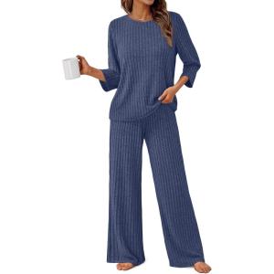 imageLILLUSORY Womens 2 Piece Lounge Sets Pajamas Matching Outfits 2025 34 Sleeve Fall Clothes Vacation Comfy Casual SweatsuitsDarkblue