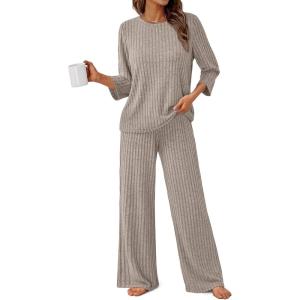 imageLILLUSORY Womens 2 Piece Lounge Sets Pajamas Matching Outfits 2025 34 Sleeve Fall Clothes Vacation Comfy Casual SweatsuitsKhaki