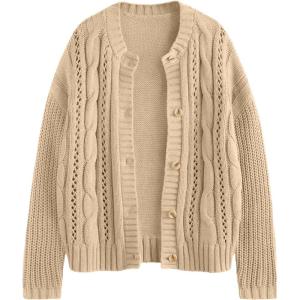 imageLILLUSORY Womens Cardigan Sweaters Cable Knit Crochet Cotton Fall Jackets Button Up Chunky Trendy OutfitsApricot