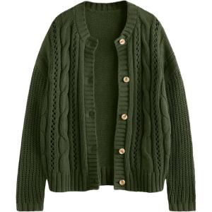 imageLILLUSORY Womens Cardigan Sweaters Cable Knit Crochet Cotton Fall Jackets Button Up Chunky Trendy OutfitsArmygreen