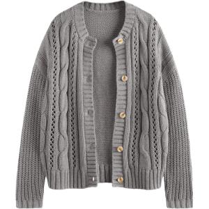 imageLILLUSORY Womens Cardigan Sweaters Cable Knit Crochet Cotton Fall Jackets Button Up Chunky Trendy OutfitsGrey