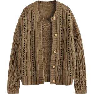 imageLILLUSORY Womens Cardigan Sweaters Cable Knit Crochet Cotton Fall Jackets Button Up Chunky Trendy OutfitsKhaki