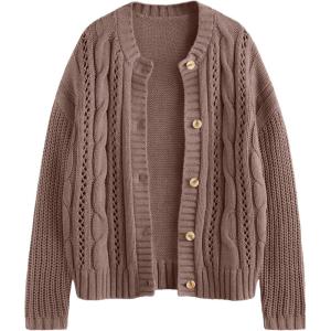 imageLILLUSORY Womens Cardigan Sweaters Cable Knit Crochet Cotton Fall Jackets Button Up Chunky Trendy OutfitsNutmeg
