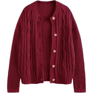 imageLILLUSORY Womens Cardigan Sweaters Cable Knit Crochet Cotton Fall Jackets Button Up Chunky Trendy OutfitsRed