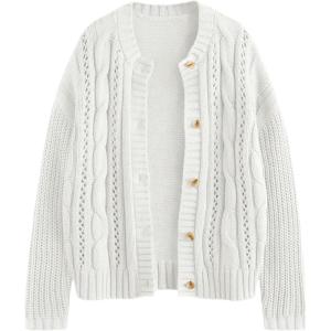 imageLILLUSORY Womens Cardigan Sweaters Cable Knit Crochet Cotton Fall Jackets Button Up Chunky Trendy OutfitsWhite