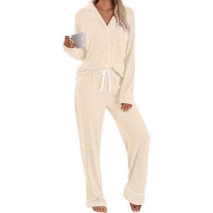 imageLILLUSORY Womens Cotton Pajamas Sets Long Sleeve Lounge Warm Sleepwear 2 pieces Fall Clothes With PocketsBeige
