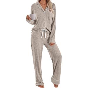 imageLILLUSORY Womens Cotton Pajamas Sets Long Sleeve Lounge Warm Sleepwear 2 pieces Fall Clothes With PocketsBrown