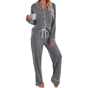imageLILLUSORY Womens Cotton Pajamas Sets Long Sleeve Lounge Warm Sleepwear 2 pieces Fall Clothes With PocketsDark Grey
