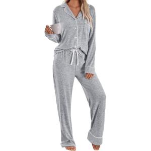 imageLILLUSORY Womens Cotton Pajamas Sets Long Sleeve Lounge Warm Sleepwear 2 pieces Fall Clothes With PocketsLight Grey