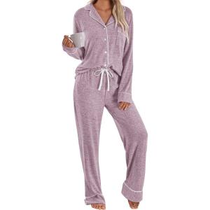 imageLILLUSORY Womens Cotton Pajamas Sets Long Sleeve Lounge Warm Sleepwear 2 pieces Fall Clothes With PocketsPink