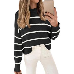imageLILLUSORY Womens Cropped Striped Sweater Casual Pullover Ribbed Knit Cute Crewneck SweatersBlack