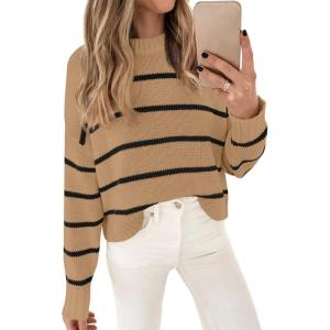 imageLILLUSORY Womens Cropped Striped Sweater Casual Pullover Ribbed Knit Cute Crewneck SweatersKhaki