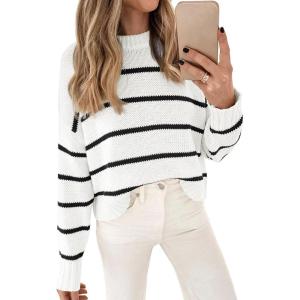 imageLILLUSORY Womens Cropped Striped Sweater Casual Pullover Ribbed Knit Cute Crewneck SweatersWhiteblack