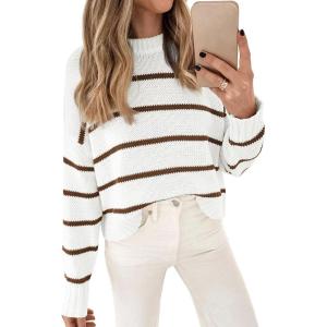 imageLILLUSORY Womens Cropped Striped Sweater Casual Pullover Ribbed Knit Cute Crewneck SweatersWhitebrown