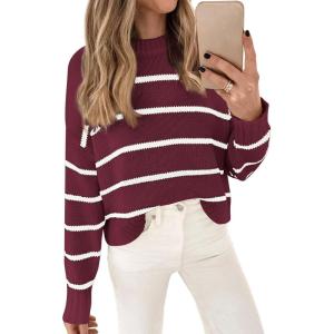 imageLILLUSORY Womens Cropped Striped Sweater Casual Pullover Ribbed Knit Cute Crewneck SweatersWine Red