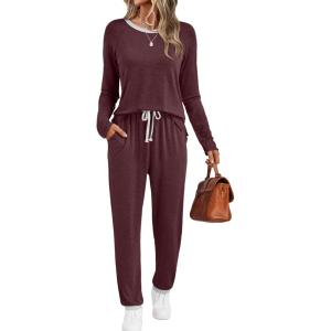 imageLILLUSORY Womens Fall Pajamas 2 Piece Lounge Sets Cotton Two Piece Casual Pjs Set Sleep Loungewear Winter Outfits 2025Winered