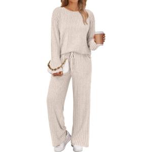 imageLILLUSORY Womens Lounge Sets 2 Piece Matching Pajamas Fall Fashion 2025 Ribbed Knit Outfits Long Sleeve Casual SweatsuitsApricot