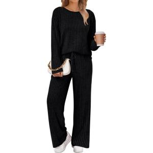 imageLILLUSORY Womens Lounge Sets 2 Piece Matching Pajamas Fall Fashion 2025 Ribbed Knit Outfits Long Sleeve Casual SweatsuitsBlack