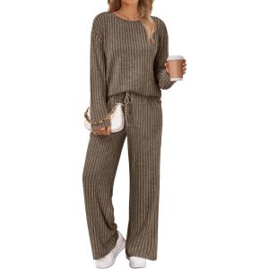 imageLILLUSORY Womens Lounge Sets 2 Piece Matching Pajamas Fall Fashion 2025 Ribbed Knit Outfits Long Sleeve Casual SweatsuitsBrown