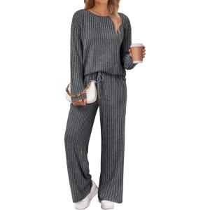 imageLILLUSORY Womens Lounge Sets 2 Piece Matching Pajamas Fall Fashion 2025 Ribbed Knit Outfits Long Sleeve Casual SweatsuitsDarkgrey