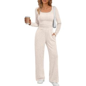 imageLILLUSORY Womens Lounge Sets 2 Piece Outfits Long Sleeve Two Piece Pajamas Ribbed Knit Fall 2025 Outfits Casual ClothesApricot