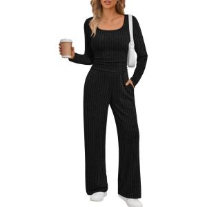 imageLILLUSORY Womens Lounge Sets 2 Piece Outfits Long Sleeve Two Piece Pajamas Ribbed Knit Fall 2025 Outfits Casual ClothesBlack