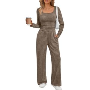 imageLILLUSORY Womens Lounge Sets 2 Piece Outfits Long Sleeve Two Piece Pajamas Ribbed Knit Fall 2025 Outfits Casual ClothesBrown