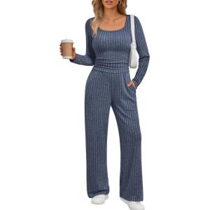 imageLILLUSORY Womens Lounge Sets 2 Piece Outfits Long Sleeve Two Piece Pajamas Ribbed Knit Fall 2025 Outfits Casual ClothesDarkblue