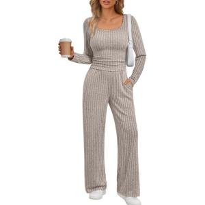 imageLILLUSORY Womens Lounge Sets 2 Piece Outfits Long Sleeve Two Piece Pajamas Ribbed Knit Fall 2025 Outfits Casual ClothesKhaki