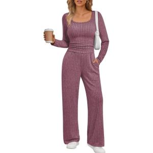imageLILLUSORY Womens Lounge Sets 2 Piece Outfits Long Sleeve Two Piece Pajamas Ribbed Knit Fall 2025 Outfits Casual ClothesWinered