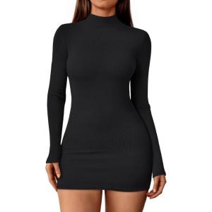 imageLILLUSORY Womens Mock Neck Ribbed Knit Long Sleeve Party Bodycon Mini DressesBlack