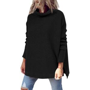 imageLILLUSORY Womens Mock Turtleneck Sweaters Oversized Long Sleeve Casual Knit Pullover 2025 Tunic Tops Wear with LeggingsBlack