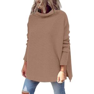 imageLILLUSORY Womens Mock Turtleneck Sweaters Oversized Long Sleeve Casual Knit Pullover 2025 Tunic Tops Wear with LeggingsDark Apricot