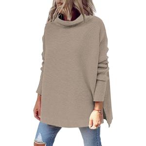 imageLILLUSORY Womens Mock Turtleneck Sweaters Oversized Long Sleeve Casual Knit Pullover 2025 Tunic Tops Wear with LeggingsLightkhaki