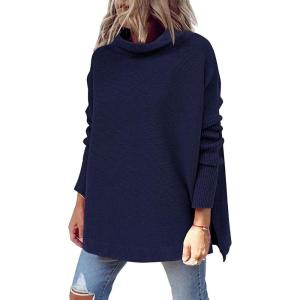 imageLILLUSORY Womens Mock Turtleneck Sweaters Oversized Long Sleeve Casual Knit Pullover 2025 Tunic Tops Wear with LeggingsNavy Blue