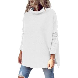 imageLILLUSORY Womens Mock Turtleneck Sweaters Oversized Long Sleeve Casual Knit Pullover 2025 Tunic Tops Wear with LeggingsWhite
