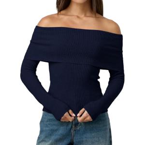 imageLILLUSORY Womens Off The Shoulder Sweater Fall Long Sleeve Going Out Y2k Tops Winter Date Night OutfitsDark Blue