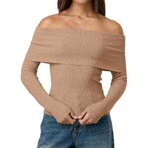 imageLILLUSORY Womens Off The Shoulder Sweater Fall Long Sleeve Going Out Y2k Tops Winter Date Night OutfitsKhaki