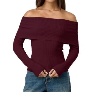 imageLILLUSORY Womens Off The Shoulder Sweater Fall Long Sleeve Going Out Y2k Tops Winter Date Night OutfitsWine Red