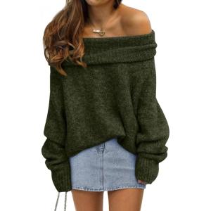 imageLILLUSORY Womens Off The Shoulder Sweater Oversized Batwing Sleeve Loose Pullover Sweaters TopsArmy Green